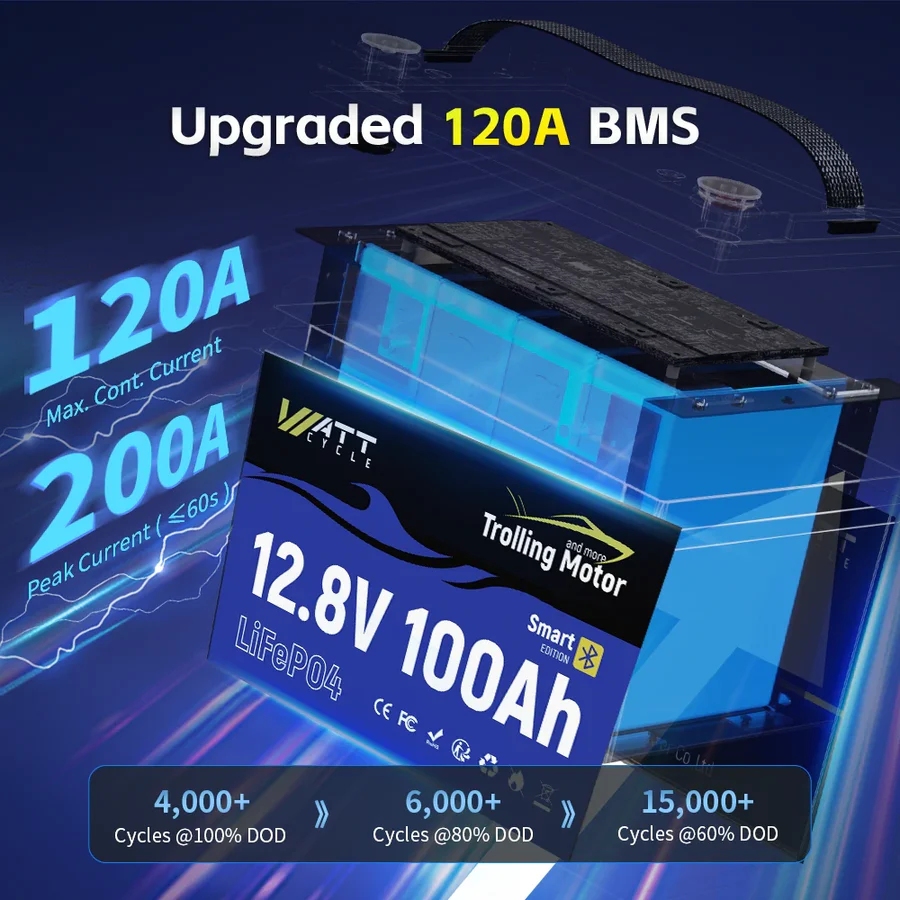 Bateria LiFePO4 Wattcycle 12.8 - 12V 100Ah Lifepo4 Bluetooth Bms avaliação e preço